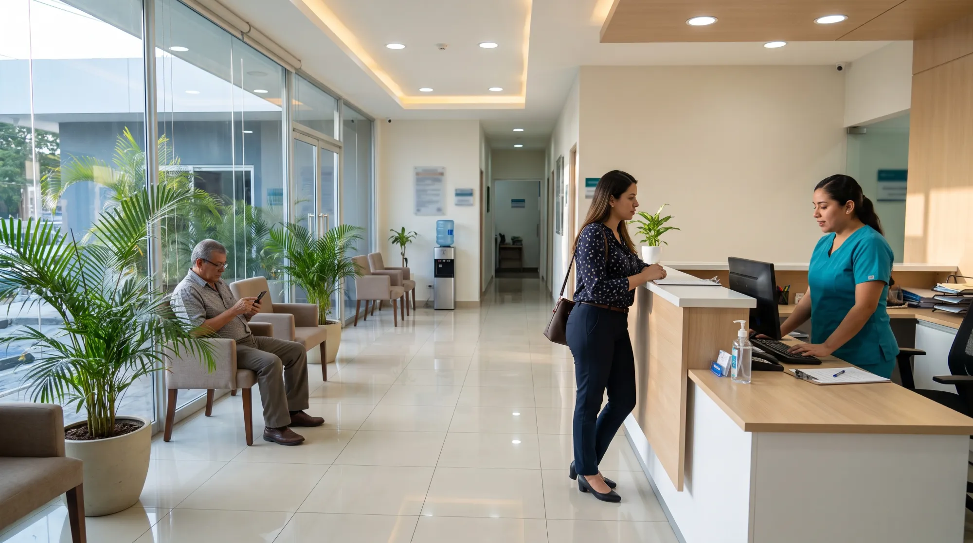 Recepción de una sucursal de Clara con pacientes registrándose y esperando